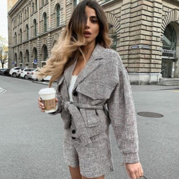 Zara Tweed Puff Sleeve Belted Jacket Small - Picture 2 of 12